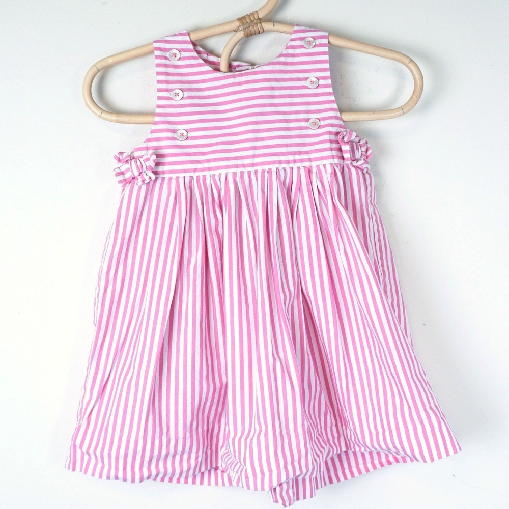 Jacadi Striped Dress Kids 6M Pink White Sleeveless Pleated Cotton Button Back